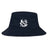 The UNC Rugby Crusher Bucket Cap by EMB S&S Activewear is a navy cotton hat with a white interlocking "NY" logo on the front, blending style and sun protection.