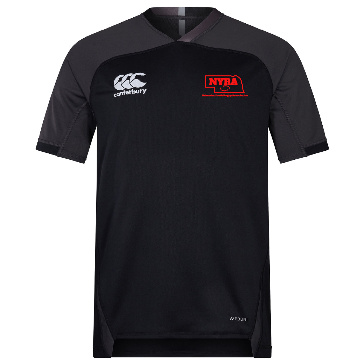 The Nebraska Youth Rugby Association Vapodri Evader Jersey by EMB Canterbury is a black short-sleeve athletic top with Canterbury and NYRA logos, made with moisture-wicking technology for comfort and performance.