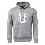 The UNC Rugby Club Hoodie by WRS Canterbury is a heather gray hoodie with a large white front graphic logo and a classic kangaroo pocket.