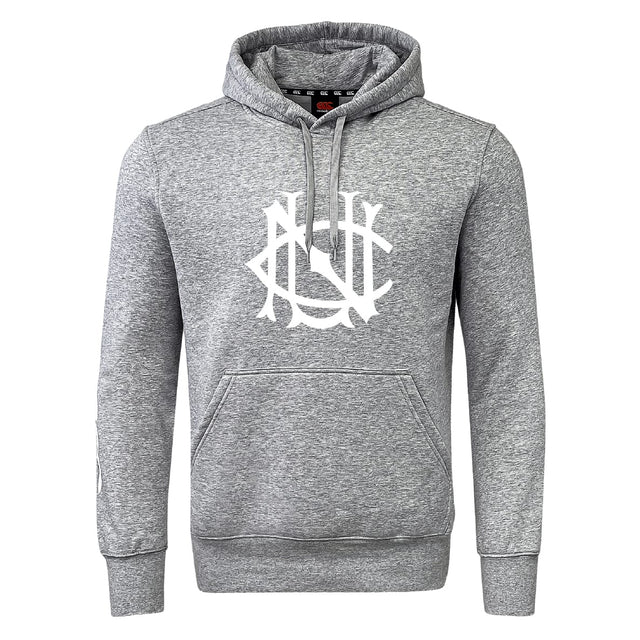The UNC Rugby Club Hoodie by WRS Canterbury is a heather gray hoodie with a large white front graphic logo and a classic kangaroo pocket.