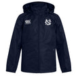 The UNC Rugby Club Vaposhield Full Zip Rain Jacket by EMB Canterbury features a navy blue design, white Canterbury logo on the right chest, white monogram on the left, and VapoShield technology for water resistance.