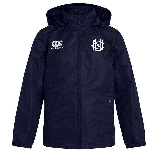 The UNC Rugby Club Vaposhield Full Zip Rain Jacket by EMB Canterbury features a navy blue design, white Canterbury logo on the right chest, white monogram on the left, and VapoShield technology for water resistance.