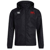The EMB Canterbury Nebraska Youth Rugby Association Club Vaposhield Full Zip Rain Jacket features a black design, front zipper, white Canterbury logo on the right chest, and red NYRA logo on the left—ideal for staying dry in any weather.