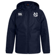 The UNC Rugby Club Vaposhield Stadium Jacket by EMB Canterbury is a navy blue hooded jacket with front zipper, padded insulation, the Canterbury logo on the right chest, and a white monogram on the left chest.