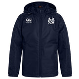 The UNC Rugby Club Vaposhield Stadium Jacket by EMB Canterbury is a navy blue hooded jacket with front zipper, padded insulation, the Canterbury logo on the right chest, and a white monogram on the left chest.