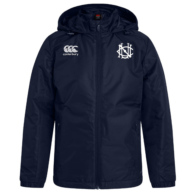 The UNC Rugby Club Vaposhield Stadium Jacket by EMB Canterbury is a navy blue hooded jacket with front zipper, padded insulation, the Canterbury logo on the right chest, and a white monogram on the left chest.