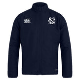 The UNC Rugby Club Track Jacket by EMB Canterbury features the club logo on the left chest and Canterbury logo on the right. This lightweight, water-repellent jacket offers all-weather comfort and classic style.