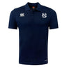 The UNC Rugby Club Dry Polo by EMB Canterbury is a navy blue short-sleeve polo with a collar, featuring white embroidered logos on the chest and shoulder. Made with breathable Vapodri technology for all-day comfort.