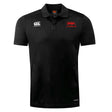 The Nebraska Youth Rugby Association Club Dry Polo by EMB Canterbury is a black, short-sleeve polo with a collar, Vapodri technology, white Canterbury logo on the right chest, and red NYRA logo on the left.