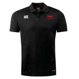 The Nebraska Youth Rugby Association Club Dry Polo by EMB Canterbury is a black, short-sleeve polo with a collar, Vapodri technology, white Canterbury logo on the right chest, and red NYRA logo on the left.