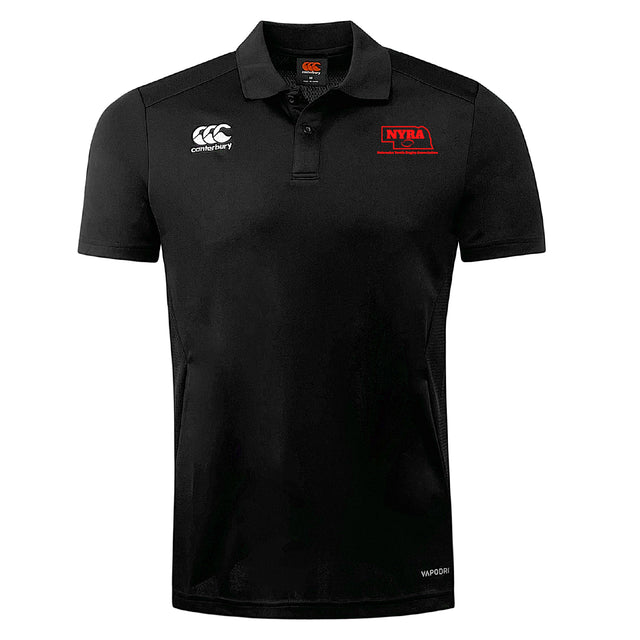 The Nebraska Youth Rugby Association Club Dry Polo by EMB Canterbury is a black, short-sleeve polo with a collar, Vapodri technology, white Canterbury logo on the right chest, and red NYRA logo on the left.