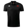 The Nebraska Youth Rugby Association Club Dry Polo by EMB Canterbury is a black, short-sleeve polo with a collar, Vapodri technology, white Canterbury logo on the right chest, and red NYRA logo on the left.