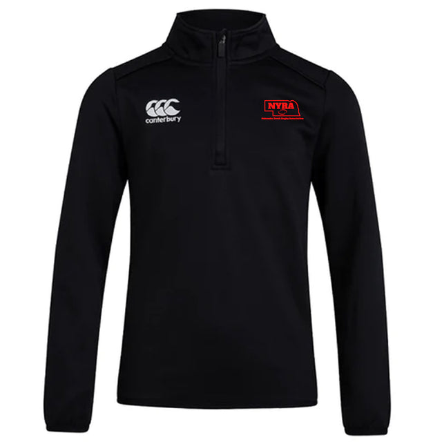 The Nebraska Youth Rugby Association Club 1/4 Zip Mid Layer Training Top by EMB Canterbury features "Canterbury" on the right chest and "NYRA" on the left, ideal for rugby training.