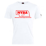 The Nebraska Youth Rugby Association Club Plain Tee by WRS Canterbury is a white cotton blend shirt featuring a red Nebraska outline with "NYRA" and a rugby ball, plus "Nebraska Youth Rugby Association" below.
