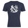 Navy blue cotton blend UNC Rugby Club Plain Tee by WRS Canterbury, featuring a large, stylized white monogram logo on the front—perfect for CCC Club style.