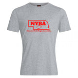Show your support with the Nebraska Youth Rugby Association Club Plain Tee by WRS Canterbury, featuring red "NYRA" text, a rugby ball, Nebraska outline, and full name printed on a gray cotton-blend shirt—perfect for fans and players.