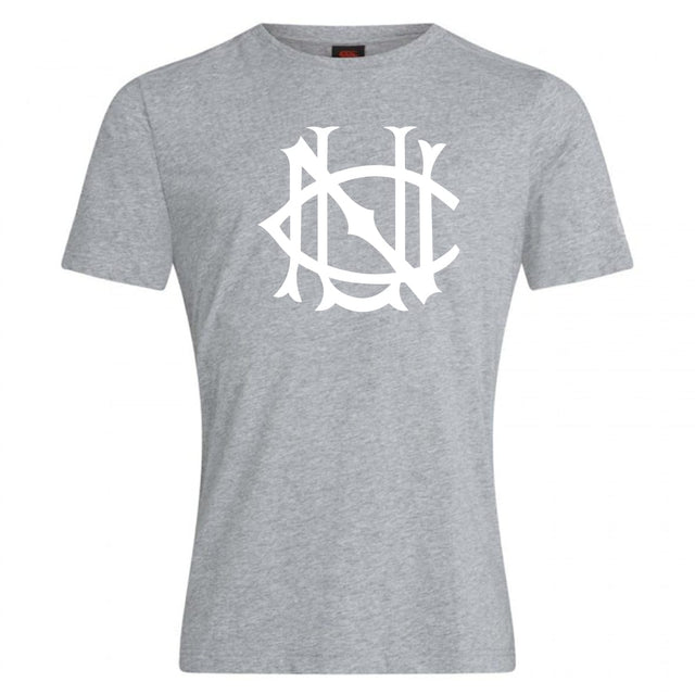 A light gray cotton blend UNC Rugby Club Plain Tee by WRS Canterbury features a large, stylized white monogram on the chest, combining comfort and style for everyday wear.