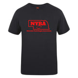 The Nebraska Youth Rugby Association Club Plain Tee by WRS Canterbury is a black cotton blend shirt with a red NYRA logo on the front, offering fans comfort, style, and customization.
