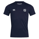 The UNC Rugby Club Dry Tee by EMB Canterbury is a navy short-sleeve shirt with the Canterbury logo on the right chest and a white NSC emblem on the left, made with Vapodri Technology for breathable comfort.