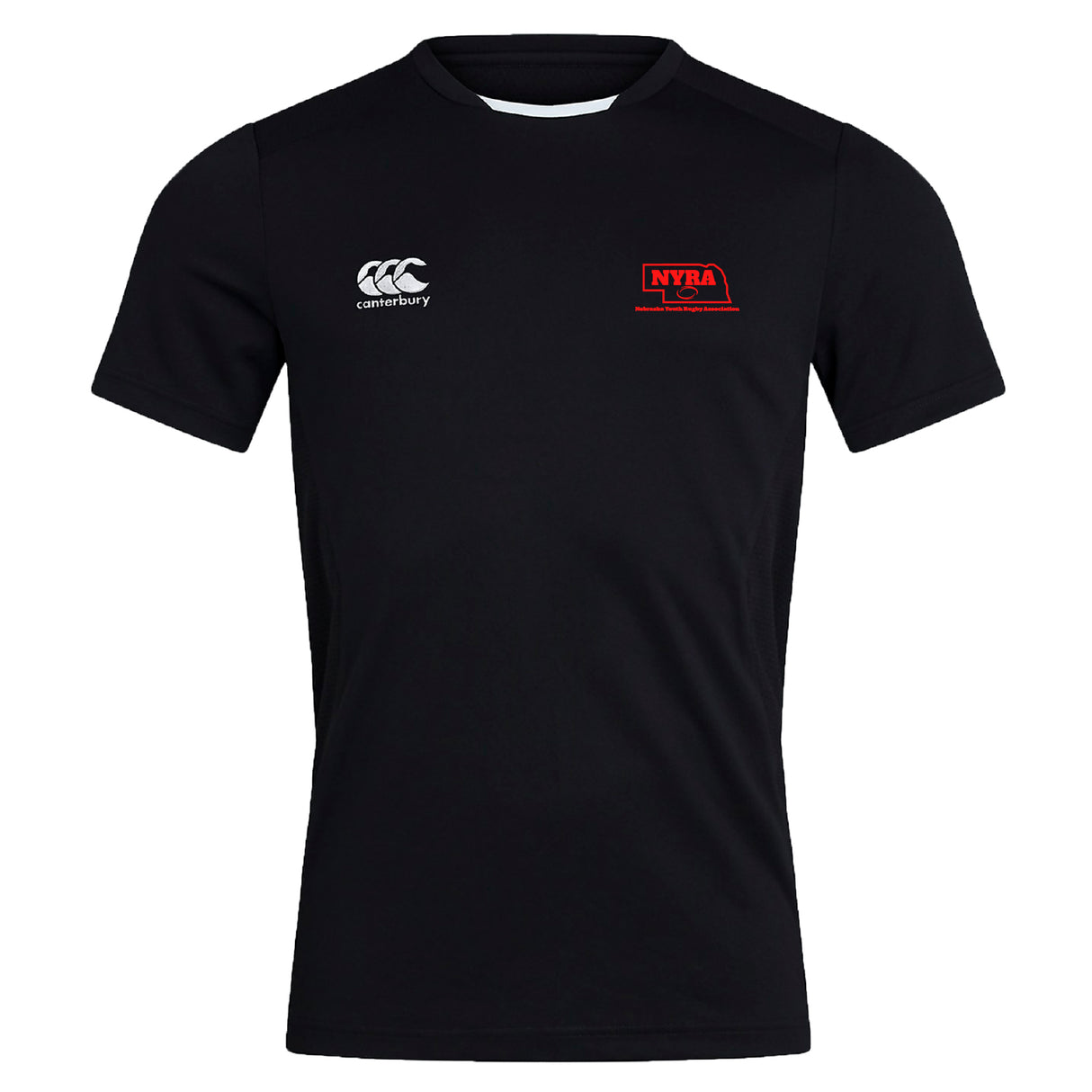 The Nebraska Youth Rugby Association Club Dry Tee by EMB Canterbury is a plain black shirt with short sleeves, a Canterbury logo on the right chest, red NYRR logo on the left, and Vapodri Technology for moisture-wicking comfort.