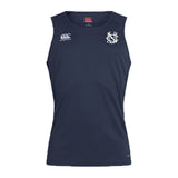 UNC Rugby Club Dry Singlet by EMB Canterbury: navy blue sleeveless tank with white Canterbury logo on right chest, stylized emblem on left, and Vapodri Technology for advanced moisture-wicking performance.