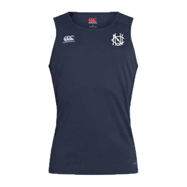 UNC Rugby Club Dry Singlet by EMB Canterbury: navy blue sleeveless tank with white Canterbury logo on right chest, stylized emblem on left, and Vapodri Technology for advanced moisture-wicking performance.