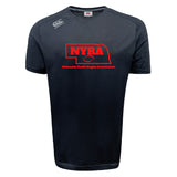 The WRS Canterbury Nebraska Youth Rugby Association Tempo Vapodri T-Shirt features "NYRA" and "Nebraska Youth Rugby Association" in red, a Nebraska outline with rugby ball, and moisture-wicking fabric for top athletic performance.