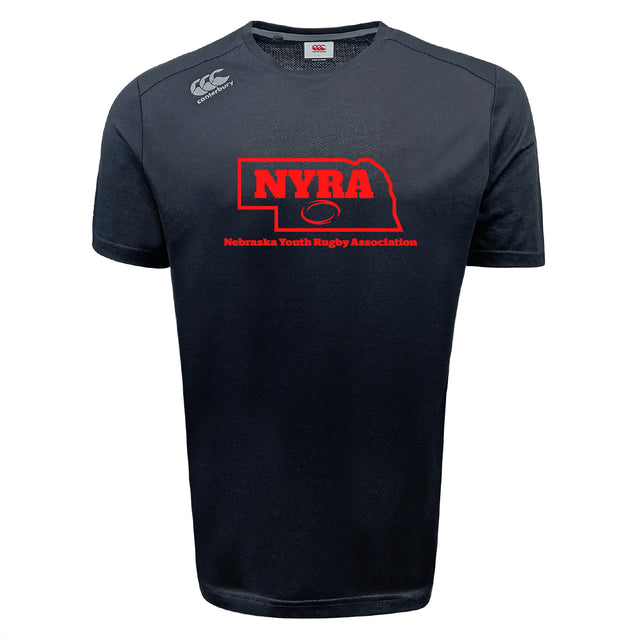 The WRS Canterbury Nebraska Youth Rugby Association Tempo Vapodri T-Shirt features "NYRA" and "Nebraska Youth Rugby Association" in red, a Nebraska outline with rugby ball, and moisture-wicking fabric for top athletic performance.