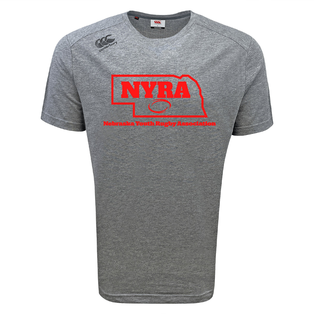 The Nebraska Youth Rugby Association Tempo Vapodri T-Shirt by WRS Canterbury is a gray, moisture-wicking tee with short sleeves, a red NYRA logo, Nebraska map outline, and "Nebraska Youth Rugby Association" on the front.