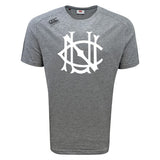 The UNC Rugby Tempo Vapodri T-Shirt by WRS Canterbury is a grey sports tee with a large white logo on the chest and a small shoulder logo, designed for moisture-wicking comfort during athletic activity.
