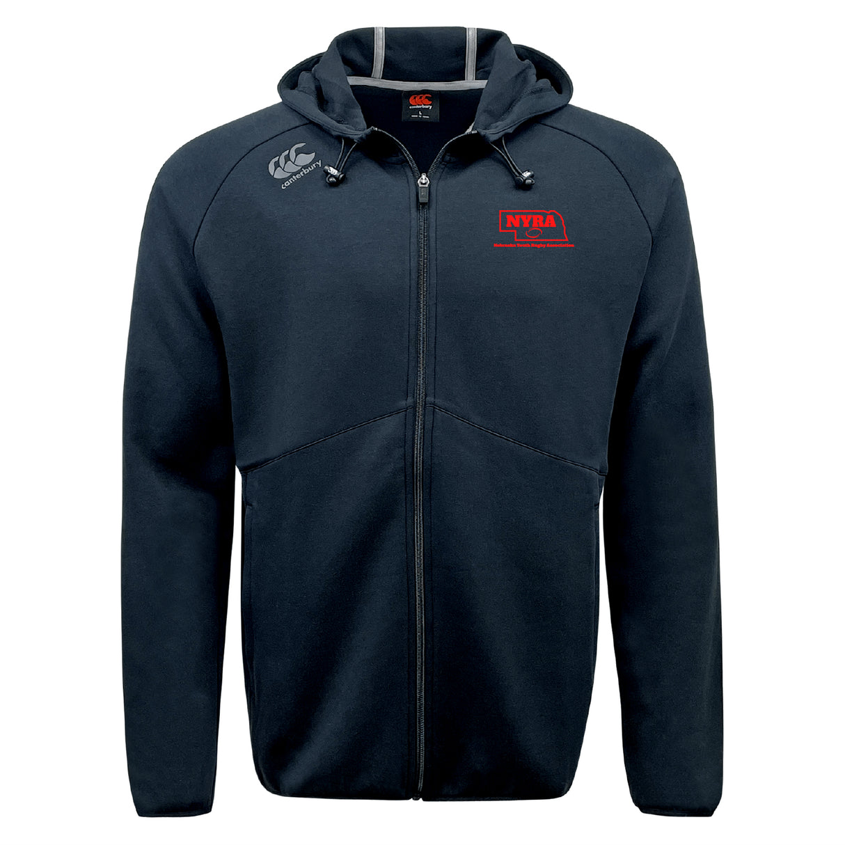 The Nebraska Youth Rugby Association Tempo Vapodri Full-Zip Hoodie by EMB Canterbury features a front hood, drawstrings, red NYRA logo on the chest, white Canterbury logo on the shoulder, and moisture-wicking comfort all day.