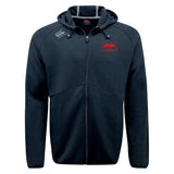 The Nebraska Youth Rugby Association Tempo Vapodri Full-Zip Hoodie by EMB Canterbury features a front hood, drawstrings, red NYRA logo on the chest, white Canterbury logo on the shoulder, and moisture-wicking comfort all day.