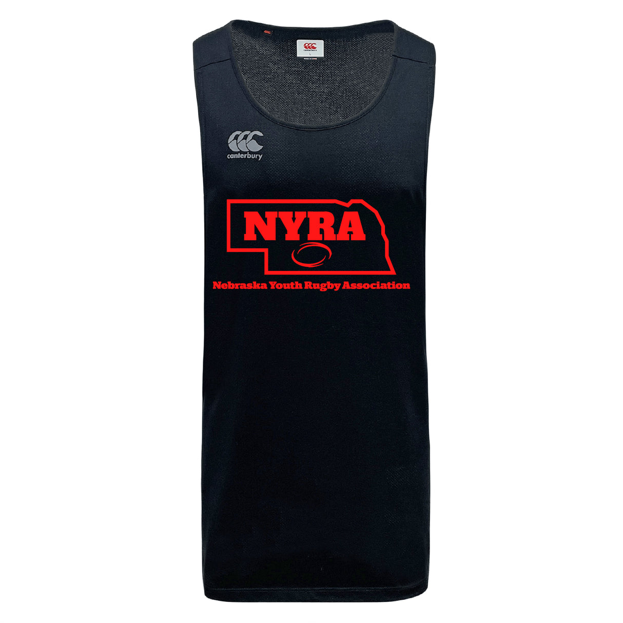 The Nebraska Youth Rugby Association Tempo Vapodri Singlet by WRS Canterbury is a black, sleeveless athletic jersey made from recycled polyester, featuring "NYRA Nebraska Youth Rugby Association" and a red rugby ball graphic on the front.