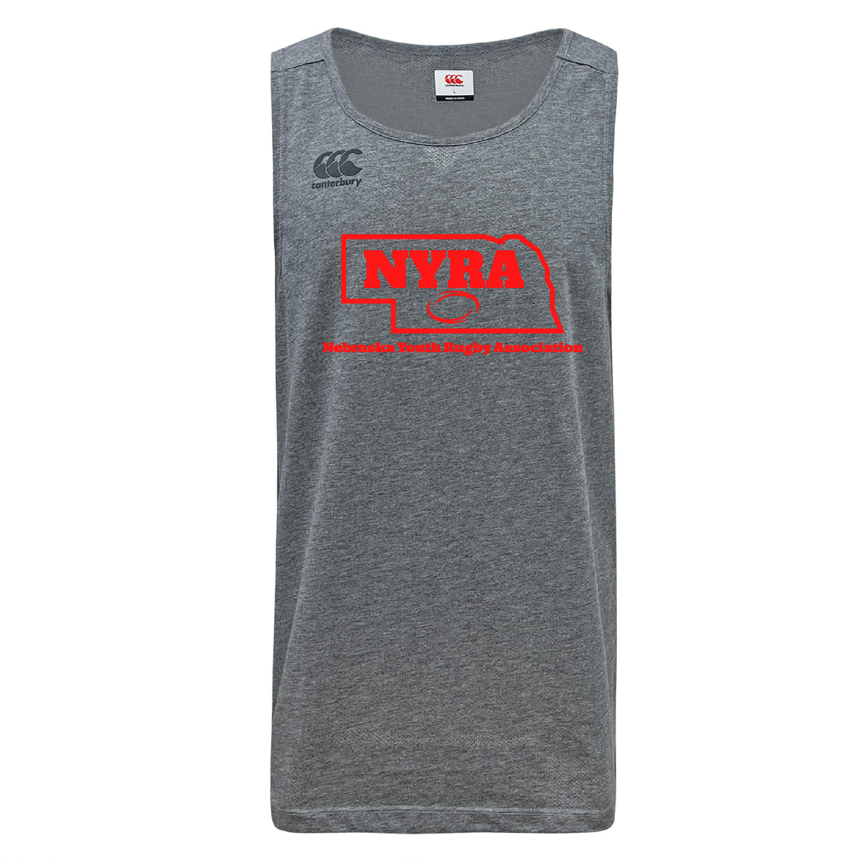 The Nebraska Youth Rugby Association Tempo Vapodri Singlet by WRS Canterbury is a gray sleeveless athletic shirt made from recycled polyester, featuring "NYRA" and "Nebraska Youth Rugby Association" in red on the front.