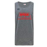The Nebraska Youth Rugby Association Tempo Vapodri Singlet by WRS Canterbury is a gray sleeveless athletic shirt made from recycled polyester, featuring "NYRA" and "Nebraska Youth Rugby Association" in red on the front.
