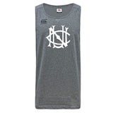 The UNC Rugby Tempo Vapodri Singlet by WRS Canterbury is a grey, sleeveless, moisture-wicking top made from recycled polyester, featuring a large white stylized logo and a small Canterbury logo on the front.