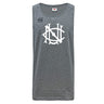 The UNC Rugby Tempo Vapodri Singlet by WRS Canterbury is a grey, sleeveless, moisture-wicking top made from recycled polyester, featuring a large white stylized logo and a small Canterbury logo on the front.