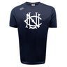 The UNC Rugby Tempo Vapodri T-Shirt by WRS Canterbury is a navy blue athletic performance tee with a large white monogram logo on the chest and a smaller white "Canterbury" logo on the right shoulder for superior comfort.