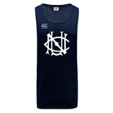 The UNC Rugby Tempo Vapodri Singlet by WRS Canterbury is a navy blue moisture-wicking athletic singlet with a white “NSC” logo on the front and a small Canterbury logo on the upper left chest.