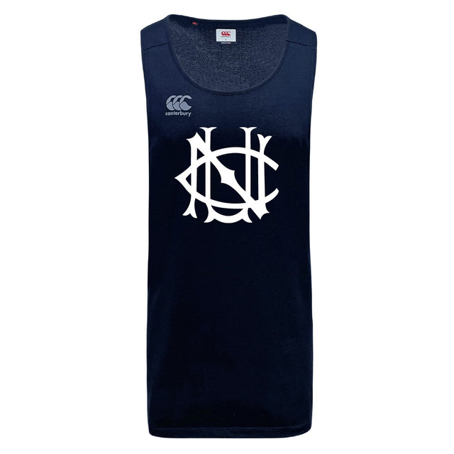 The UNC Rugby Tempo Vapodri Singlet by WRS Canterbury is a navy blue moisture-wicking athletic singlet with a white “NSC” logo on the front and a small Canterbury logo on the upper left chest.
