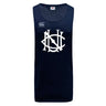 The UNC Rugby Tempo Vapodri Singlet by WRS Canterbury is a navy blue moisture-wicking athletic singlet with a white “NSC” logo on the front and a small Canterbury logo on the upper left chest.