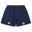 The UNC Rugby Yokohama Short by EMB Canterbury features a navy blue design, elastic waistband, Canterbury logo on the left leg, and a white monogram on the right—delivering classic rugby style and comfort.