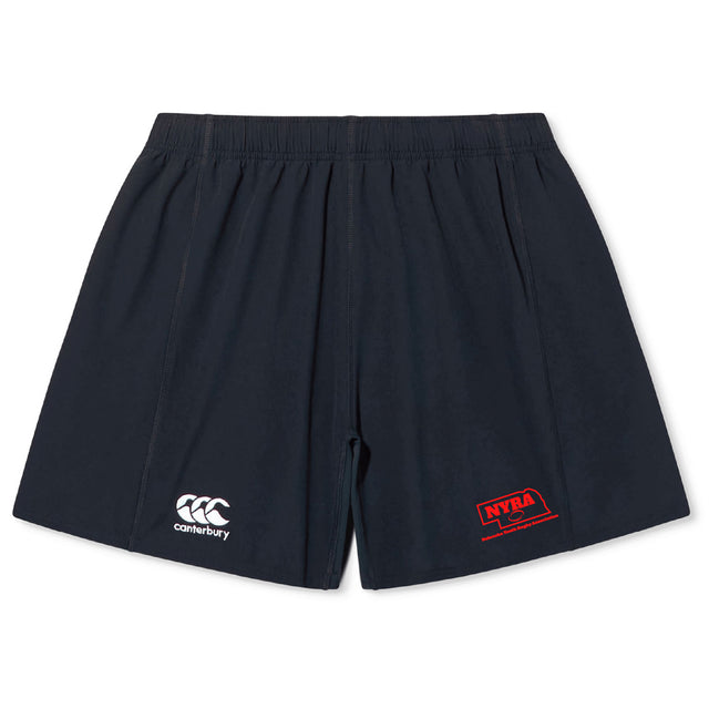The Nebraska Youth Rugby Association Yokohama Short by EMB Canterbury features an elastic waistband and front Canterbury and NYRA logos—ideal custom rugby shorts for training or casual wear.