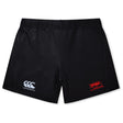The Nebraska Youth Rugby Association Women's Yokohama Short by EMB Canterbury features black athletic fabric, an elastic waistband, a white Canterbury logo on the left leg, and a red NYRA League logo on the right.