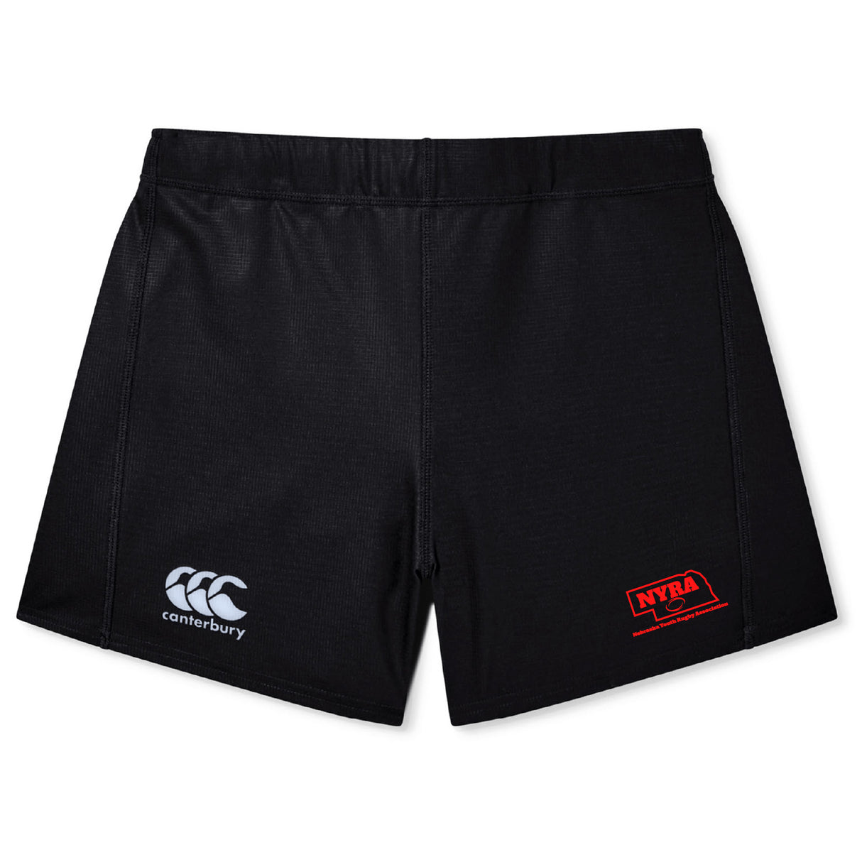 The Nebraska Youth Rugby Association Women's Yokohama Short by EMB Canterbury features black athletic fabric, an elastic waistband, a white Canterbury logo on the left leg, and a red NYRA League logo on the right.