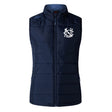 The UNC Rugby Women's Elite Microlite Gilet by EMB Canterbury is a navy insulated vest with a front zipper, made from Thermoreg bonded fleece and features a white monogram logo on the left chest.