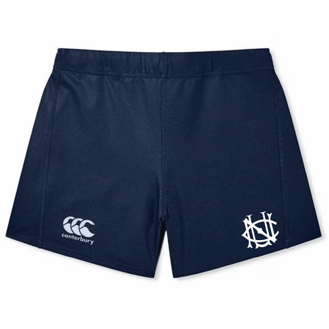 The EMB Canterbury UNC Rugby Women's Yokohama Short features classic navy blue styling, a white Canterbury logo on the left leg, and a monogram emblem on the right for comfort and performance.