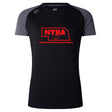 The WRS Canterbury Nebraska Youth Rugby Association Women's Elite Training Tee is a black and dark gray short sleeve shirt with a red NYRA logo, offering lightweight moisture-wicking performance for active days.
