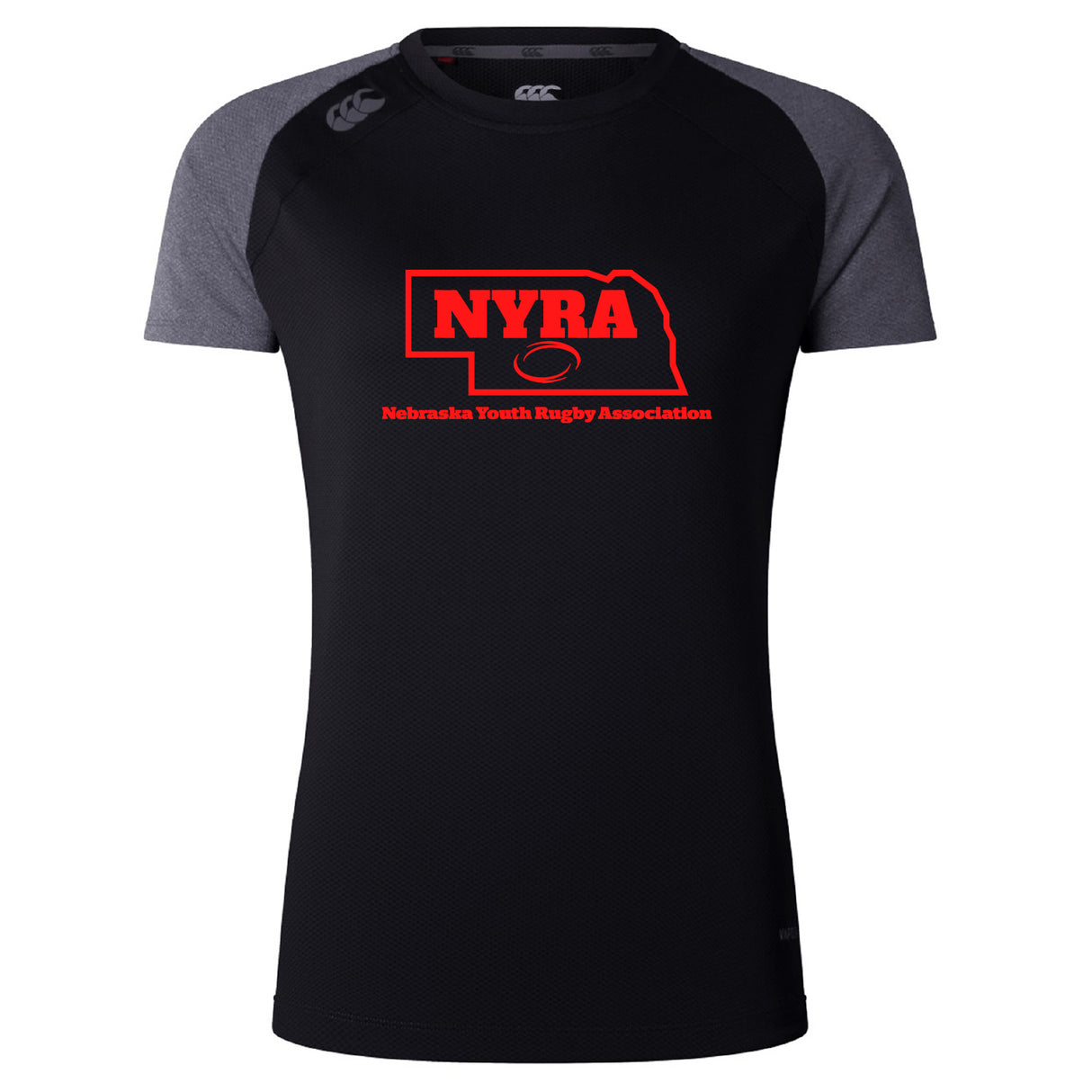 The WRS Canterbury Nebraska Youth Rugby Association Women's Elite Training Tee is a black and dark gray short sleeve shirt with a red NYRA logo, offering lightweight moisture-wicking performance for active days.