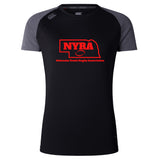 The WRS Canterbury Nebraska Youth Rugby Association Women's Elite Training Tee is a black and dark gray short sleeve shirt with a red NYRA logo, offering lightweight moisture-wicking performance for active days.